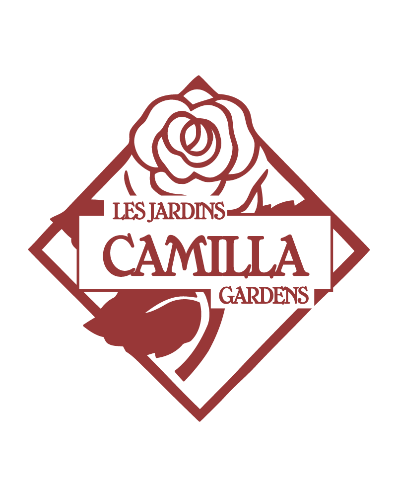A red and white logo of the les jardins camilla gardens.